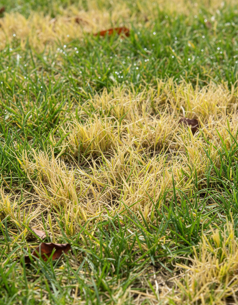 Close-up of a summer lawn with healthy green grass mixed with distinct yellow patches