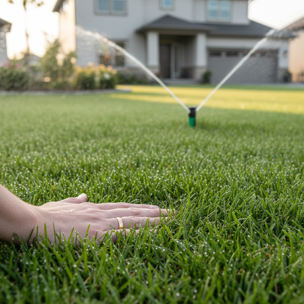 Vibrant green lawn with water droplets, signifying healthy, deep watering in the morning sun.