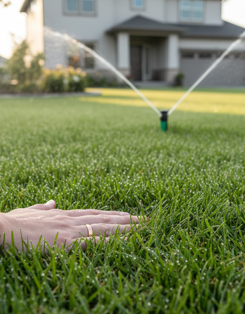 Vibrant green lawn with water droplets, signifying healthy, deep watering in the morning sun.