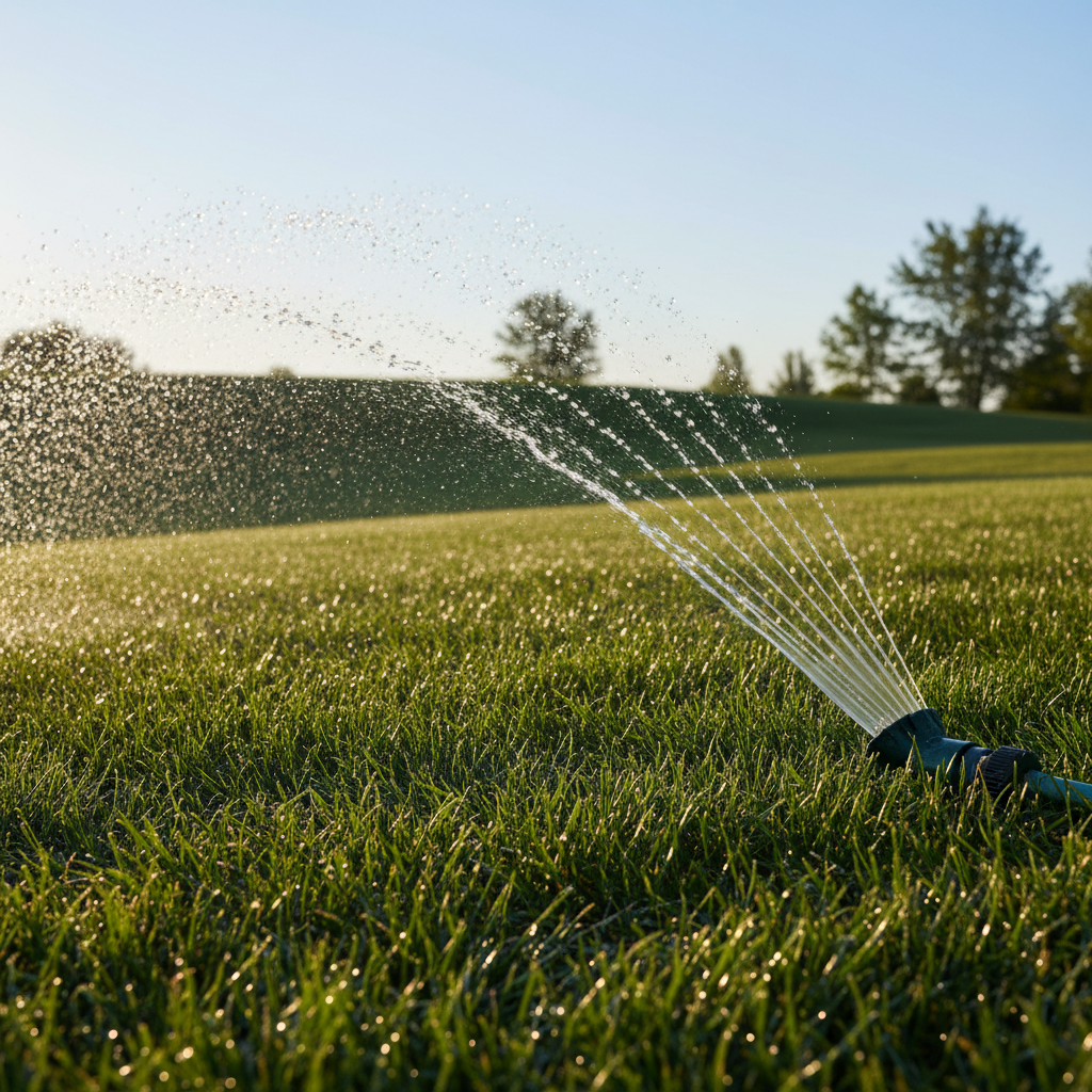Lush green lawn being watered by a sprinkler in the early morning