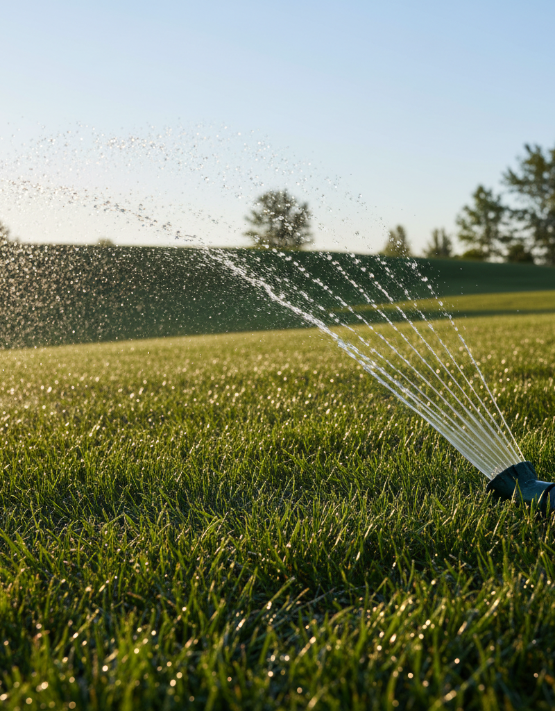 Lush green lawn being watered by a sprinkler in the early morning