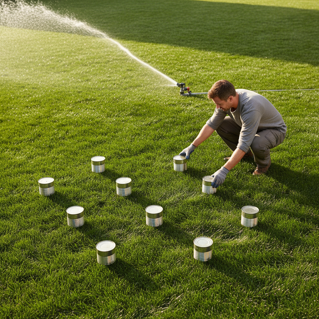 Homeowner measuring sprinkler output with tuna cans on a lush green lawn