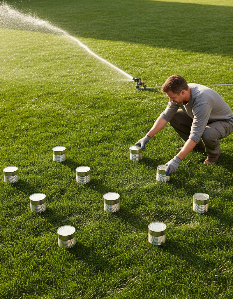 Homeowner measuring sprinkler output with tuna cans on a lush green lawn