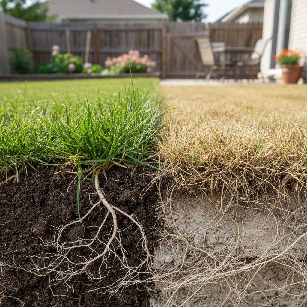 Healthy green lawn with deep roots next to stressed brown lawn with shallow roots, illustrating watering impact.
