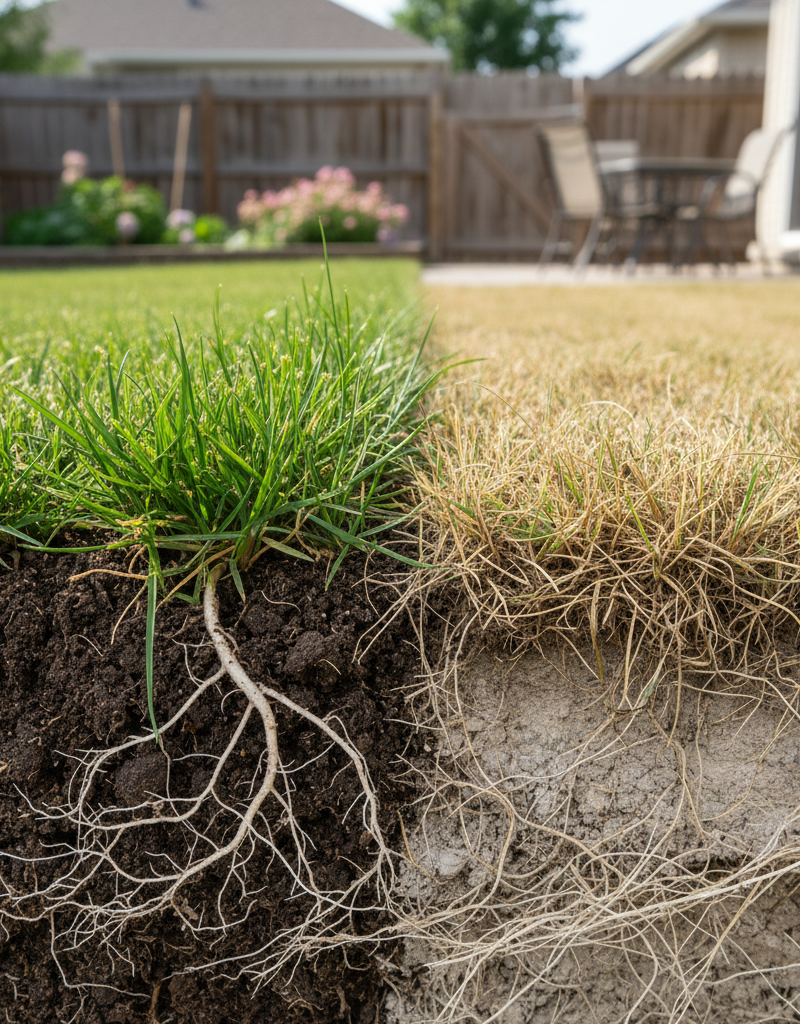 Healthy green lawn with deep roots next to stressed brown lawn with shallow roots, illustrating watering impact.