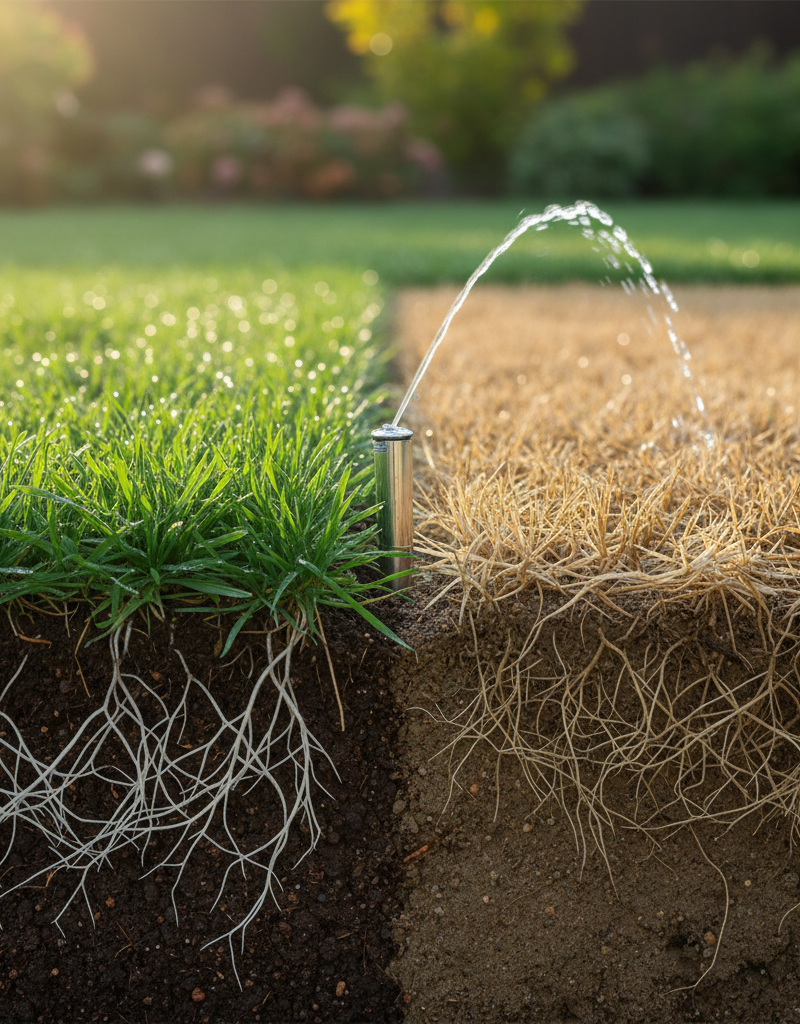 Healthy green grass with deep roots next to brown, struggling grass with shallow roots, illustrating the difference proper watering makes.