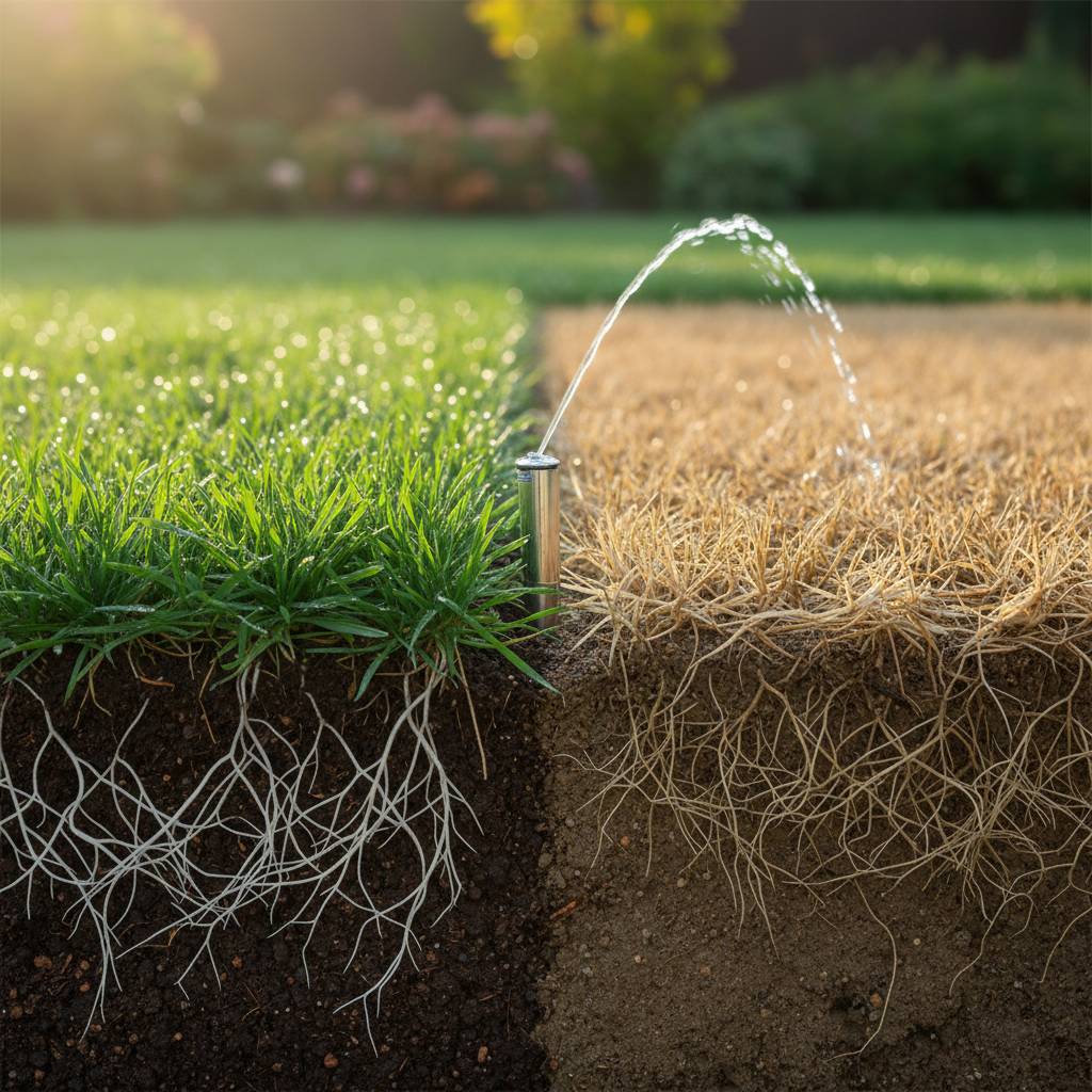 Healthy green grass with deep roots next to brown, struggling grass with shallow roots, illustrating the difference proper watering makes.