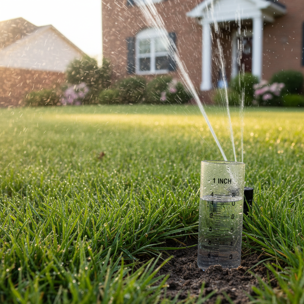 Healthy green lawn being watered during the early morning for optimal hydration and minimal evaporation.