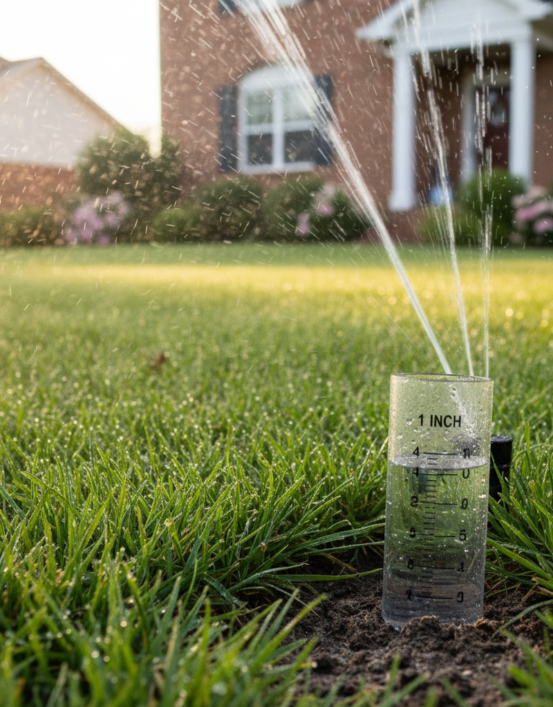 Healthy green lawn being watered during the early morning for optimal hydration and minimal evaporation.