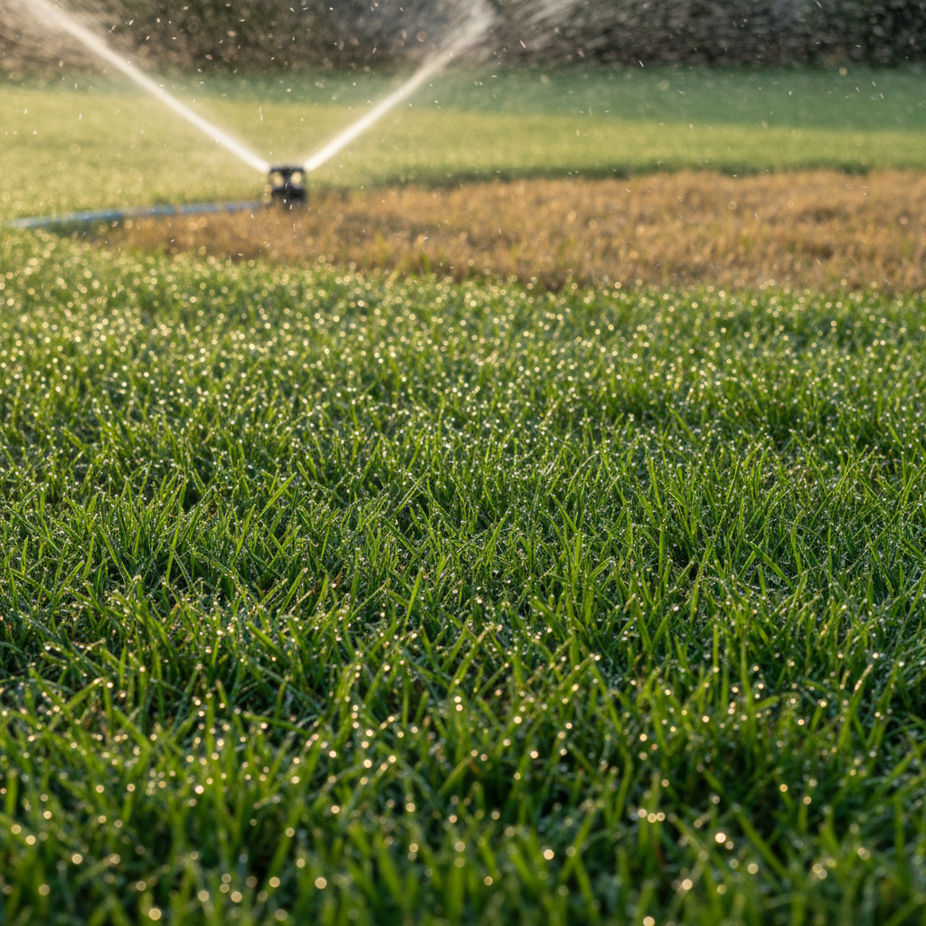 Healthy green lawn being watered by a sprinkler in the early morning