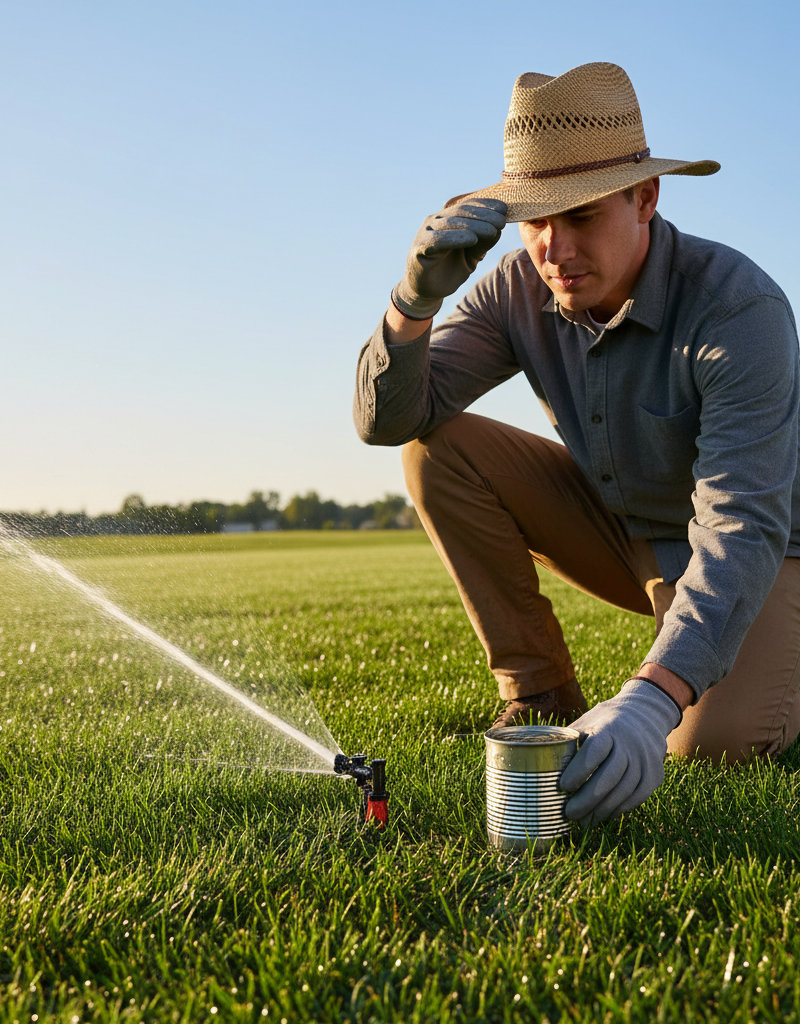 Homeowner using tuna can to measure sprinkler output on a green lawn