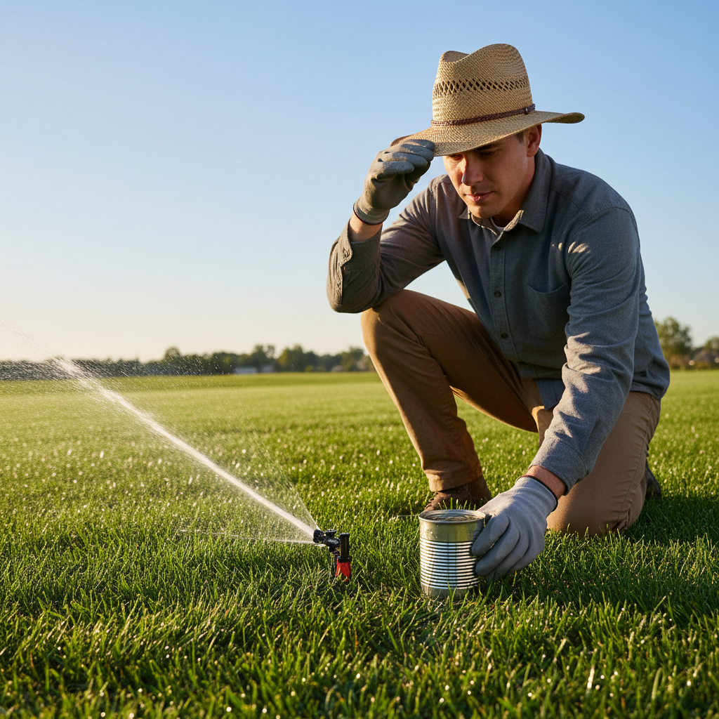 Homeowner using tuna can to measure sprinkler output on a green lawn