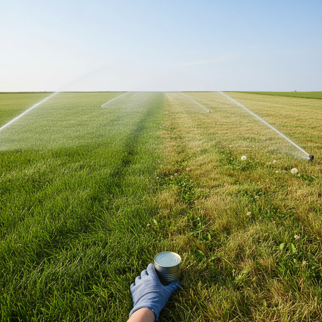 Overhead view of a green lawn with a hand placing a tuna can to calibrate a sprinkler, illustrating proper lawn watering.