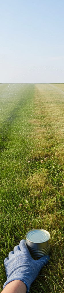 Overhead view of a green lawn with a hand placing a tuna can to calibrate a sprinkler, illustrating proper lawn watering.