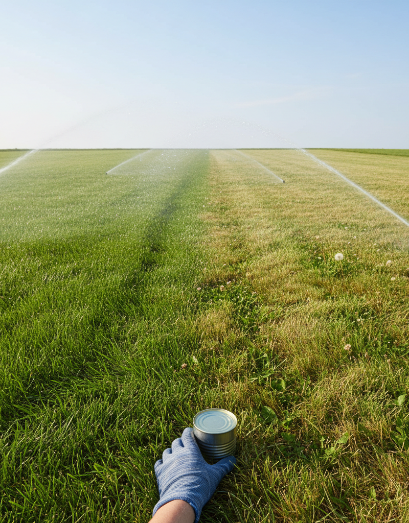 Overhead view of a green lawn with a hand placing a tuna can to calibrate a sprinkler, illustrating proper lawn watering.