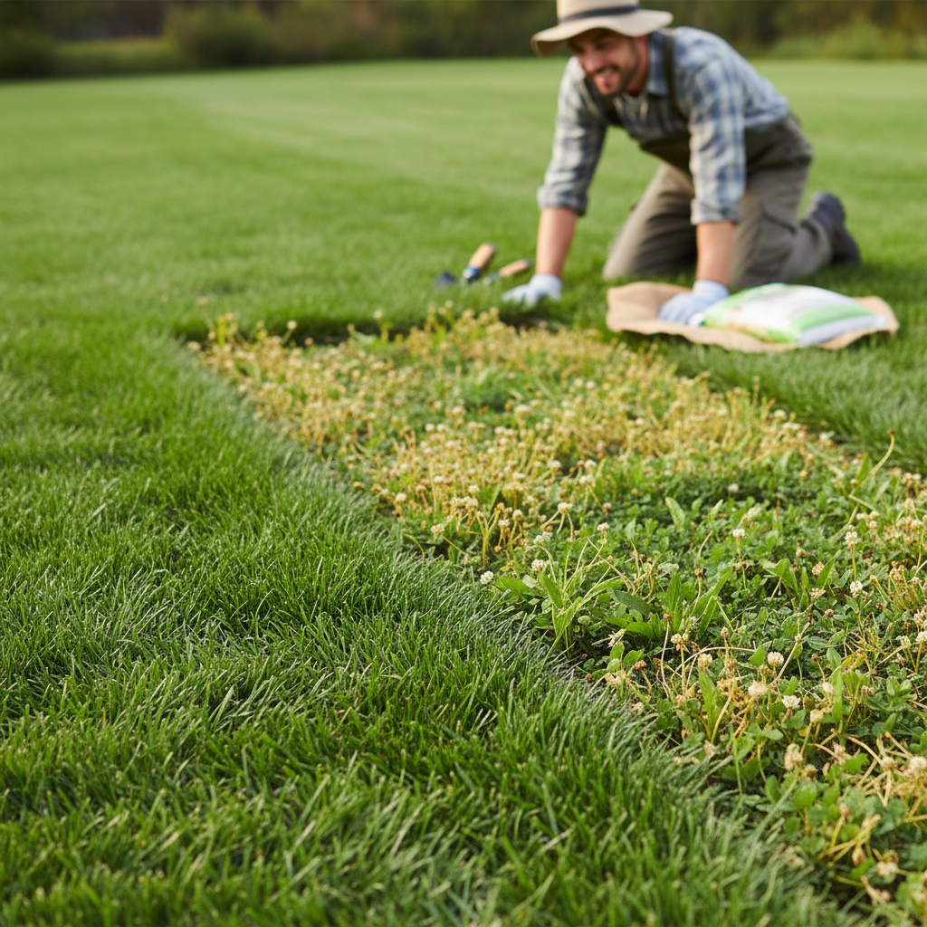 Healthy lawn with strong grass density, showing successful long-term weed control and a homeowner inspecting.