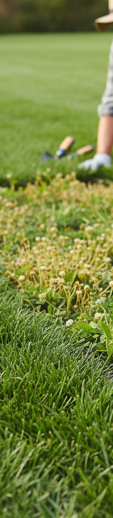 Healthy lawn with strong grass density, showing successful long-term weed control and a homeowner inspecting.