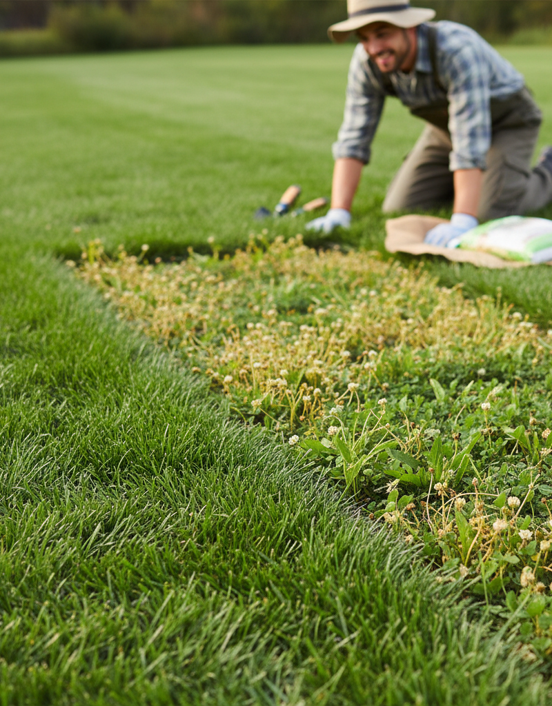 Healthy lawn with strong grass density, showing successful long-term weed control and a homeowner inspecting.
