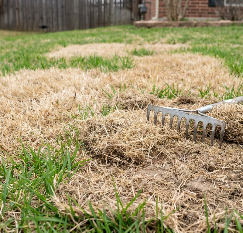 Dead brown patches of grass across an otherwise green spring residential lawn