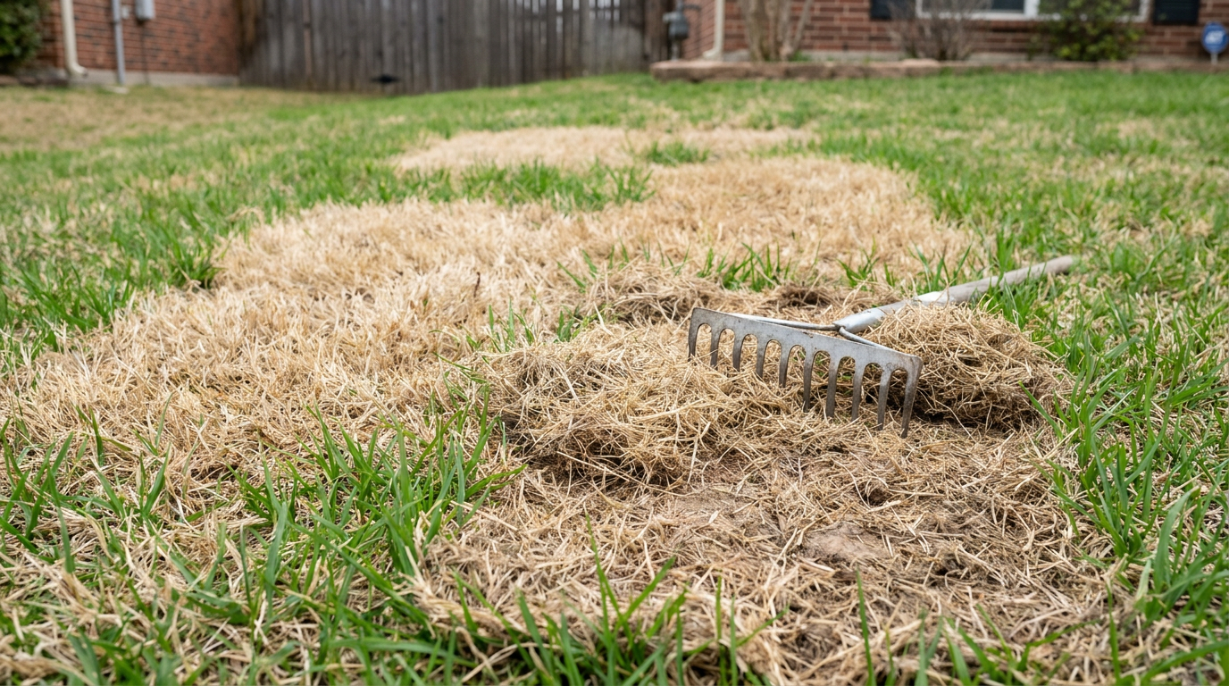 Dead brown patches of grass across an otherwise green spring residential lawn