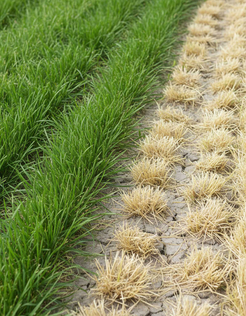 Vibrant green lawn next to a patchy yellow lawn, illustrating the effect of different mowing heights and soil conditions in summer.