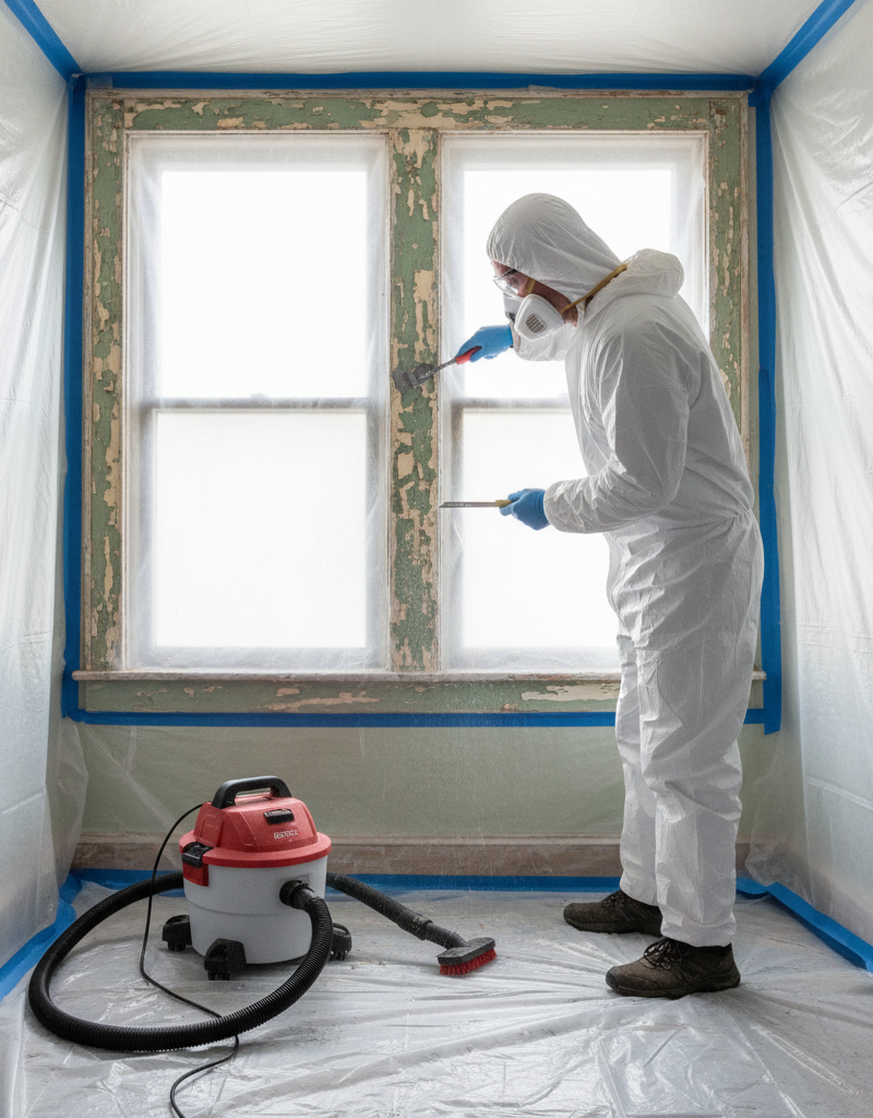 Homeowner in full PPE carefully removing lead paint from old window frame during renovation.