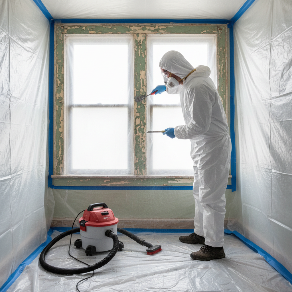 Homeowner in full PPE carefully removing lead paint from old window frame during renovation.