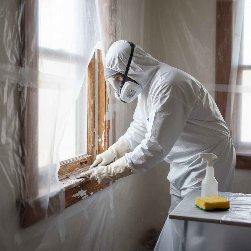 Homeowner in hazmat suit safely scraping lead paint from a window frame