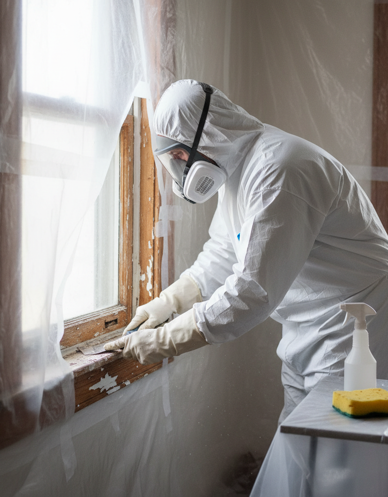 Homeowner in hazmat suit safely scraping lead paint from a window frame