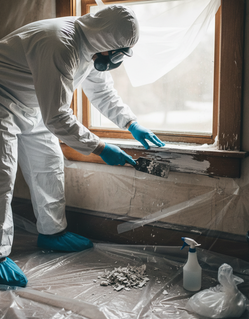 Homeowner in PPE carefully scraping lead paint from a window sill during renovation