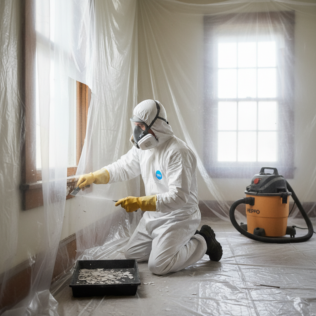 Homeowner in PPE scraping paint from a window frame, surrounded by plastic sheeting for lead safety