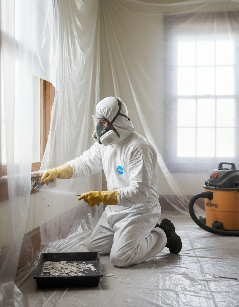 Homeowner in PPE scraping paint from a window frame, surrounded by plastic sheeting for lead safety
