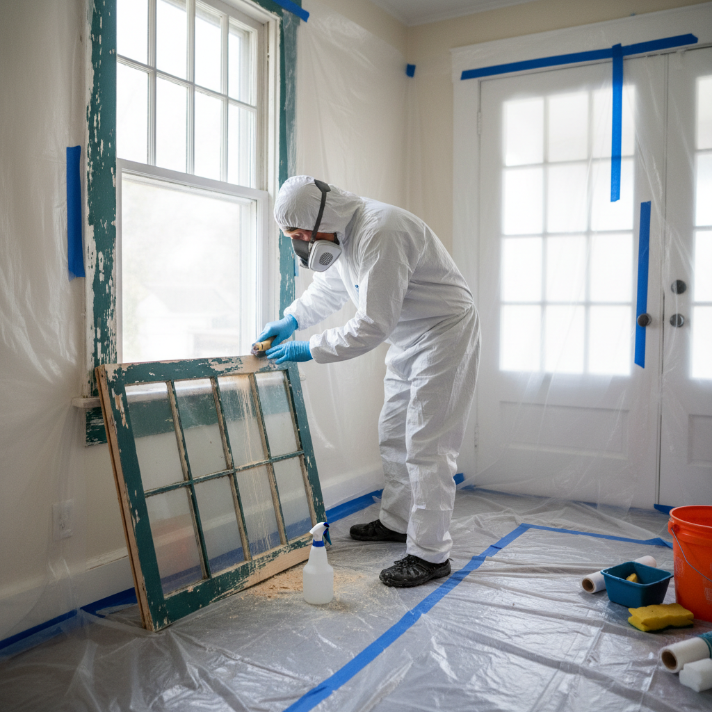 A homeowner safely renovating an old window frame, highlighting lead paint containment.