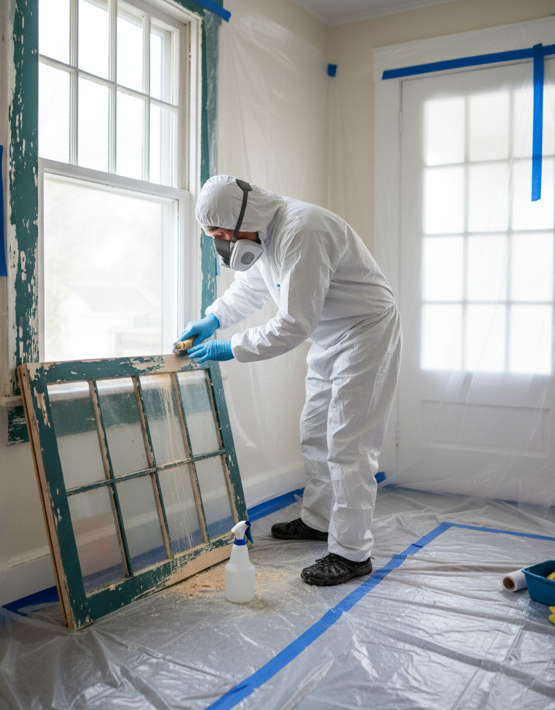 A homeowner safely renovating an old window frame, highlighting lead paint containment.