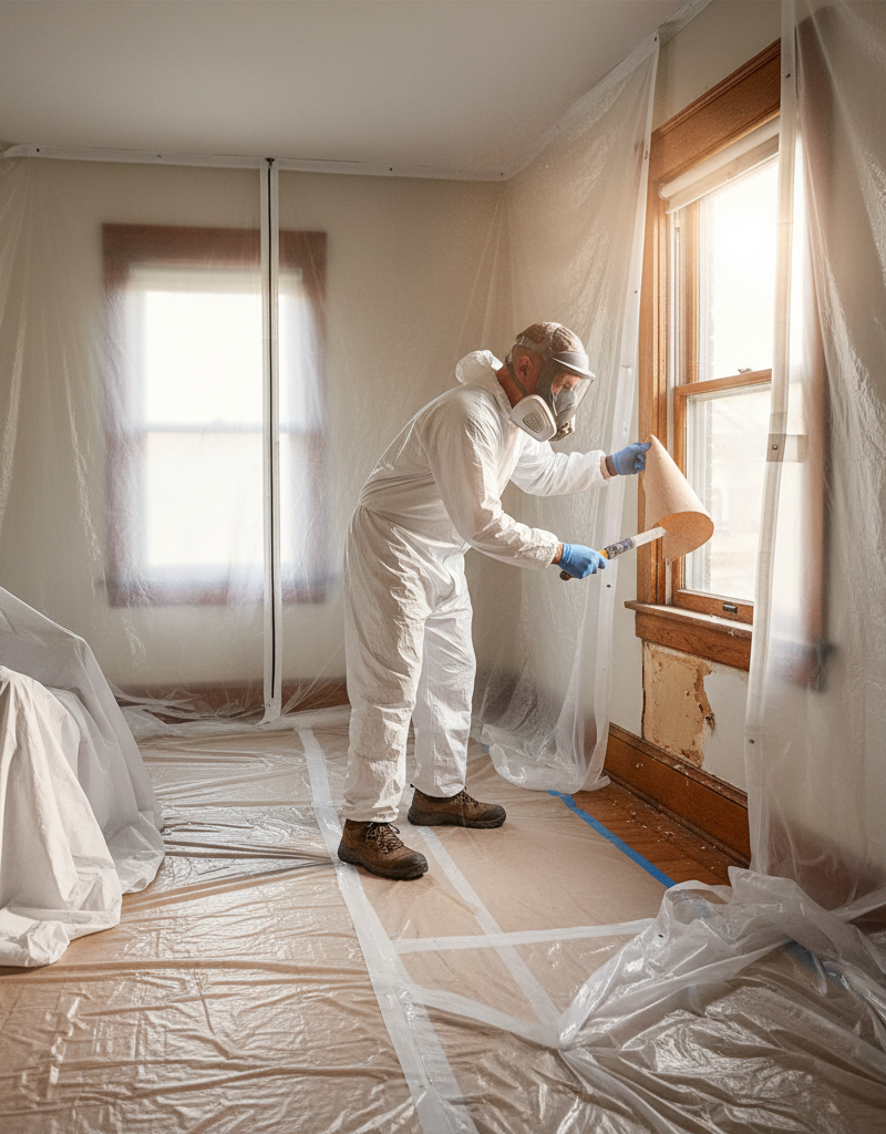 Contractor with respirator carefully removing peeling lead paint from a window frame in a sealed room.