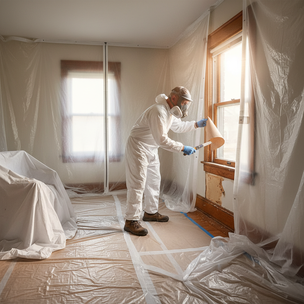 Contractor with respirator carefully removing peeling lead paint from a window frame in a sealed room.