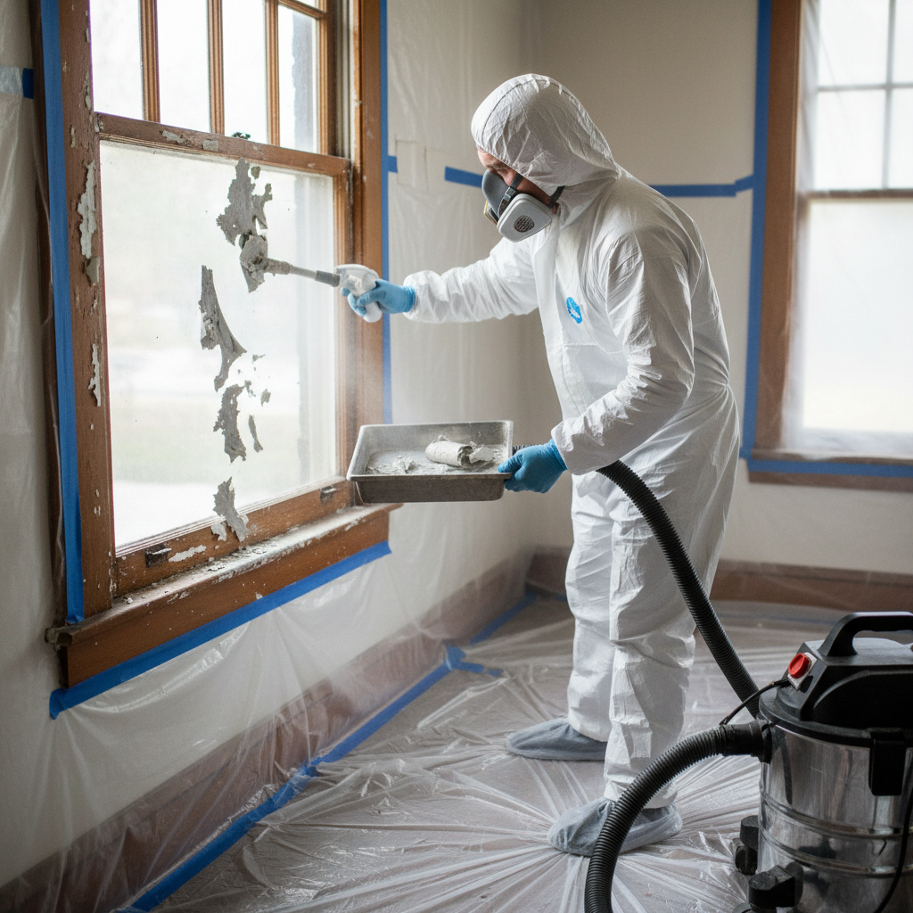 Homeowner safely removing lead paint from a window frame during renovation