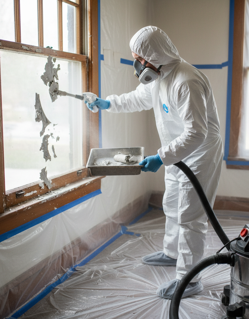 Homeowner safely removing lead paint from a window frame during renovation