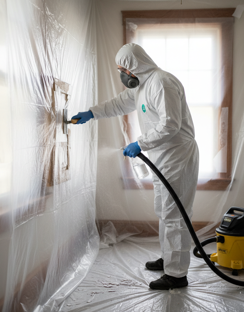 Homeowner in PPE carefully removing lead paint from a window frame, sealed off with plastic.
