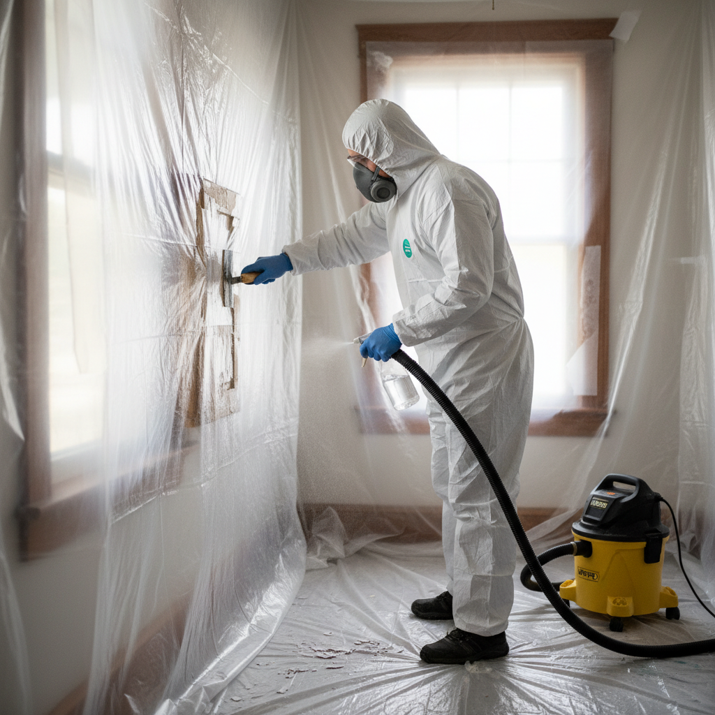 Homeowner in PPE carefully removing lead paint from a window frame, sealed off with plastic.