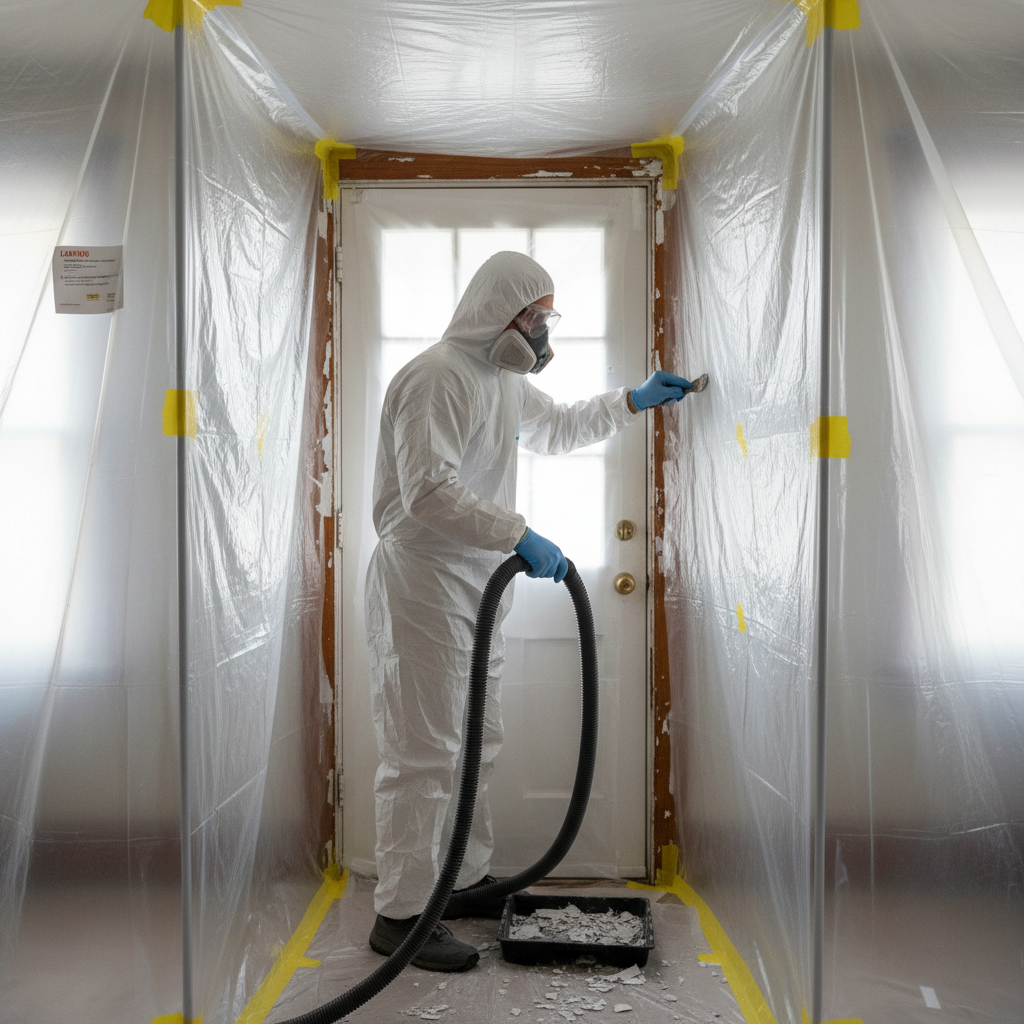 Homeowner in hazmat suit scraping lead paint from a door frame in a sealed renovation zone.