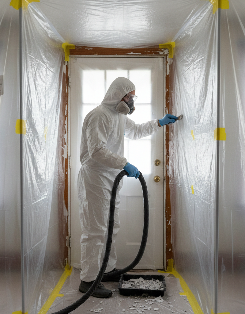 Homeowner in hazmat suit scraping lead paint from a door frame in a sealed renovation zone.