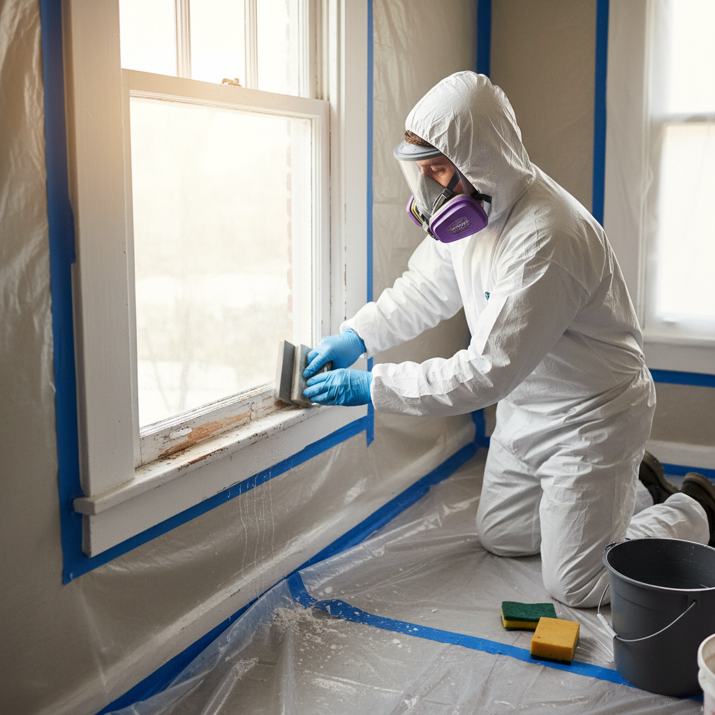 Homeowner in PPE carefully wet-sanding lead paint from an old window frame.