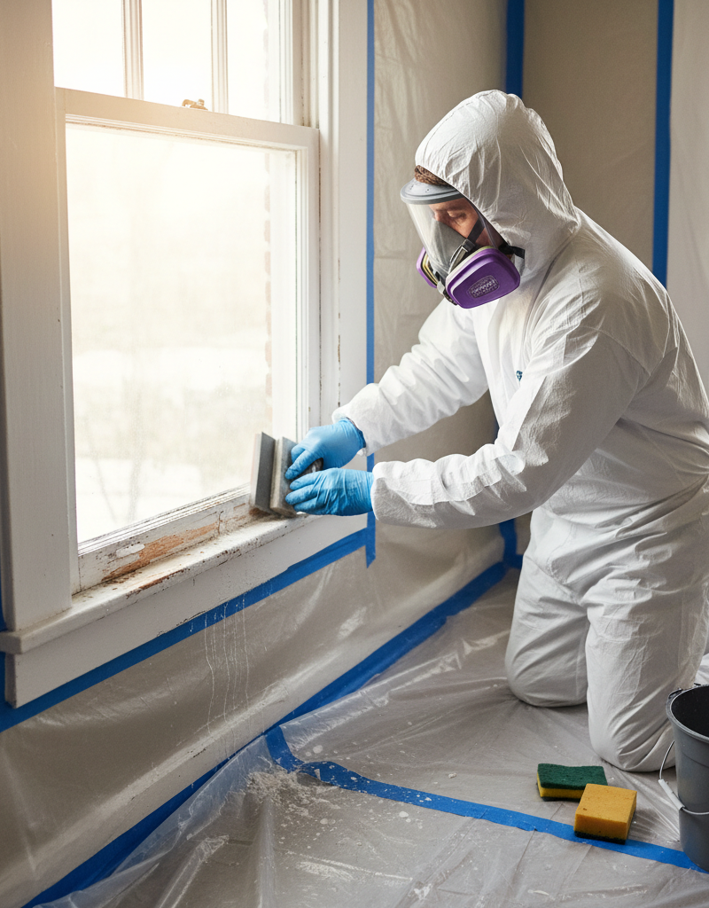 Homeowner in PPE carefully wet-sanding lead paint from an old window frame.
