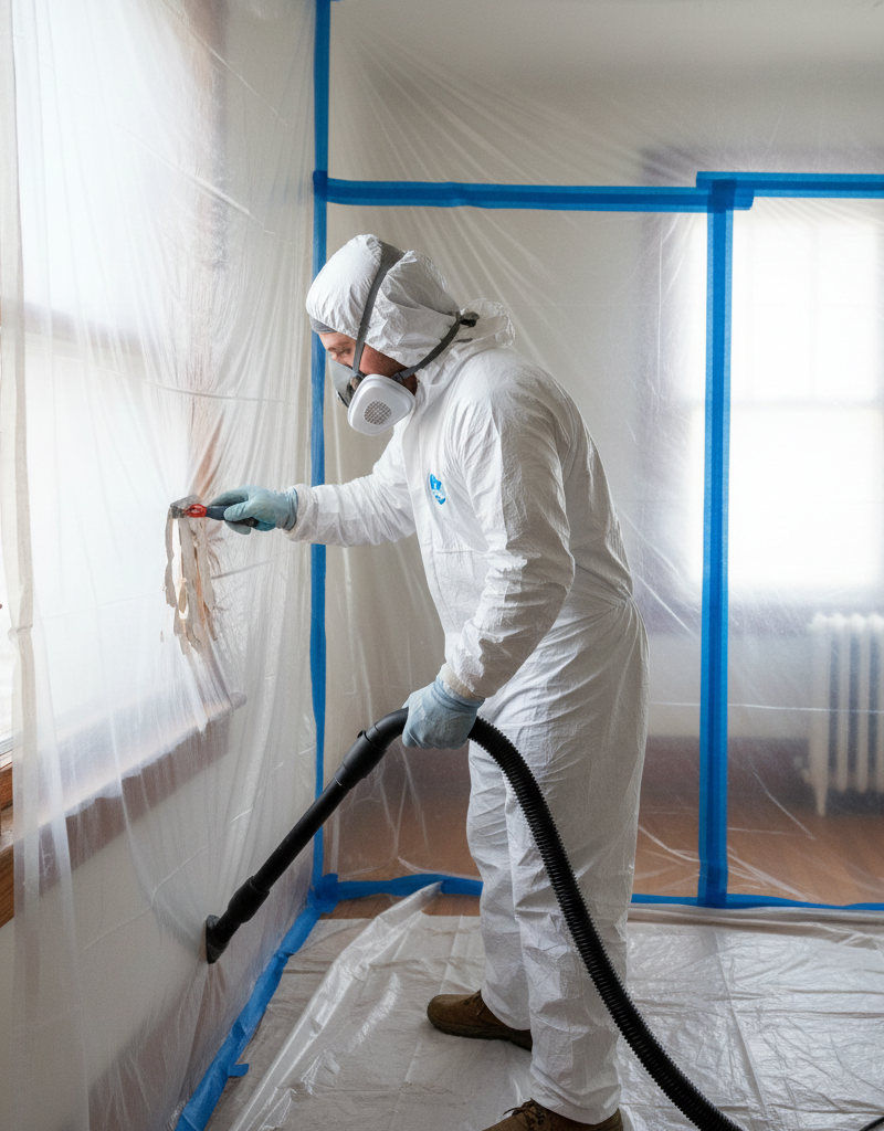 Homeowner in PPE safely wet-scraping lead paint from a window frame during renovation.