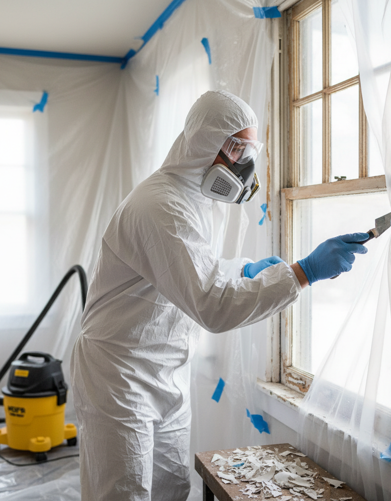 Homeowner in full PPE scraping lead paint from window frame in a sealed renovation area.