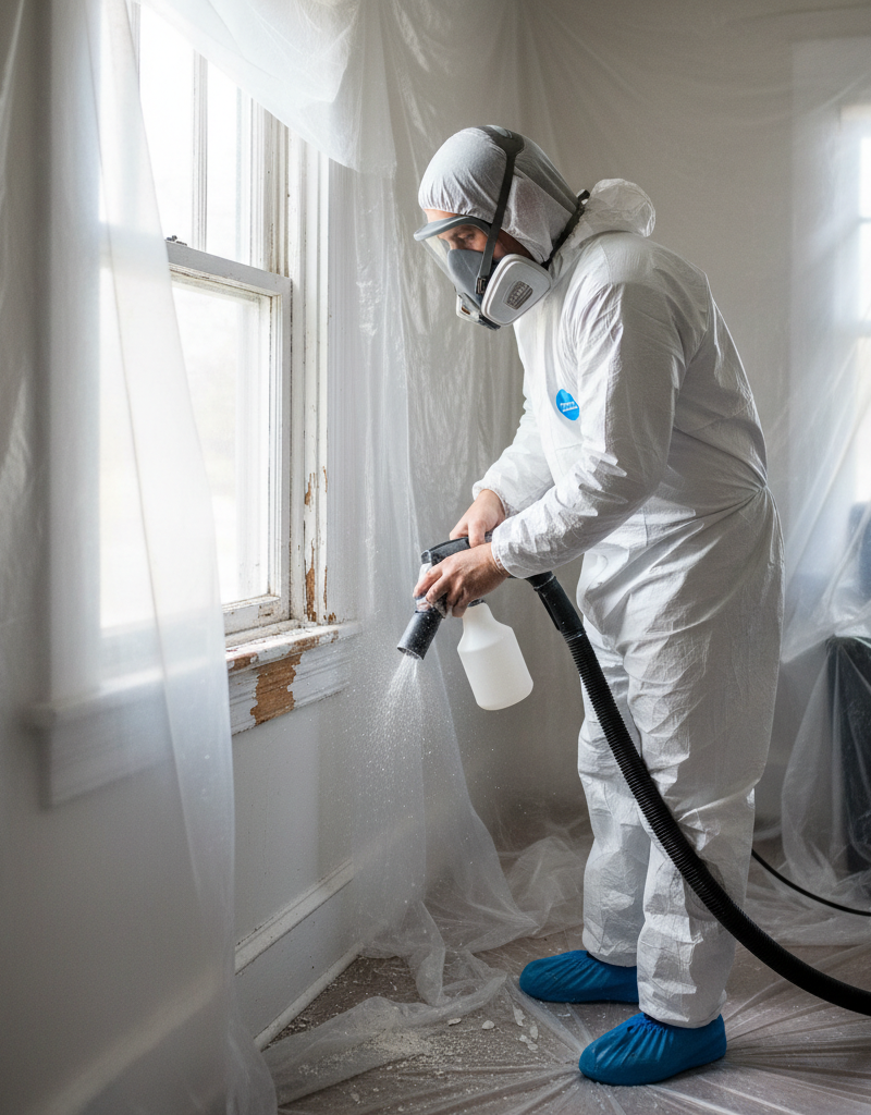 Homeowner in PPE using wet sanding method on a lead-painted window sill in a contained work area.