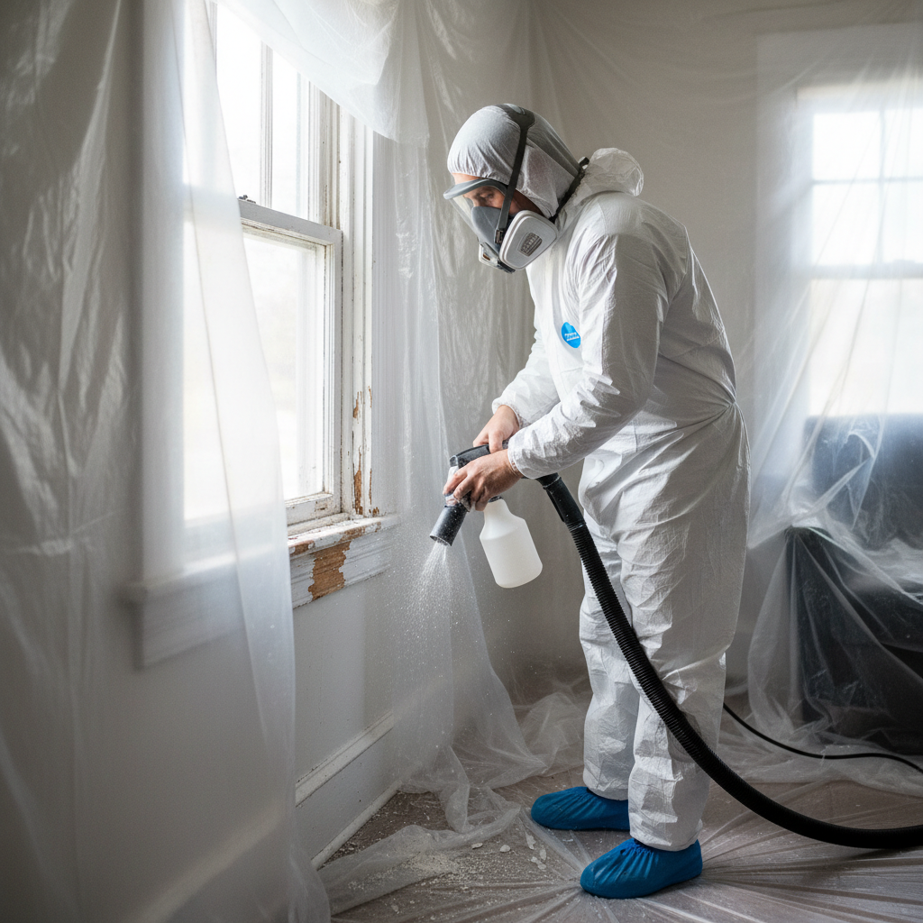 Homeowner in PPE using wet sanding method on a lead-painted window sill in a contained work area.