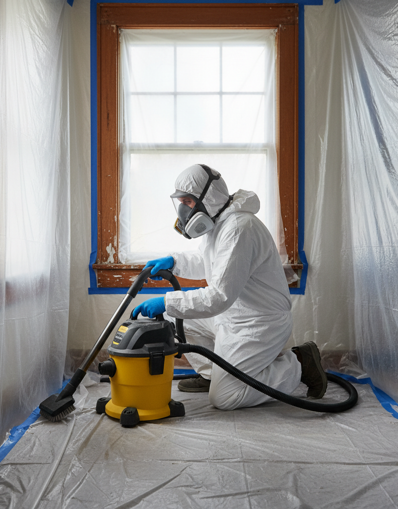 Homeowner in PPE using HEPA vacuum to clean lead paint dust.
