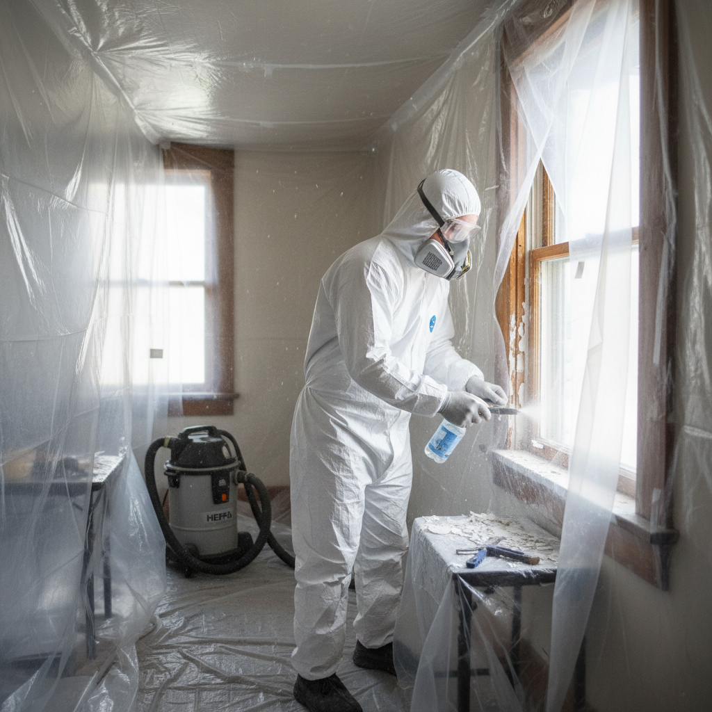 Homeowner in PPE carefully wet-scraping lead paint from a window sill within a plastic-sealed containment area during renovation.